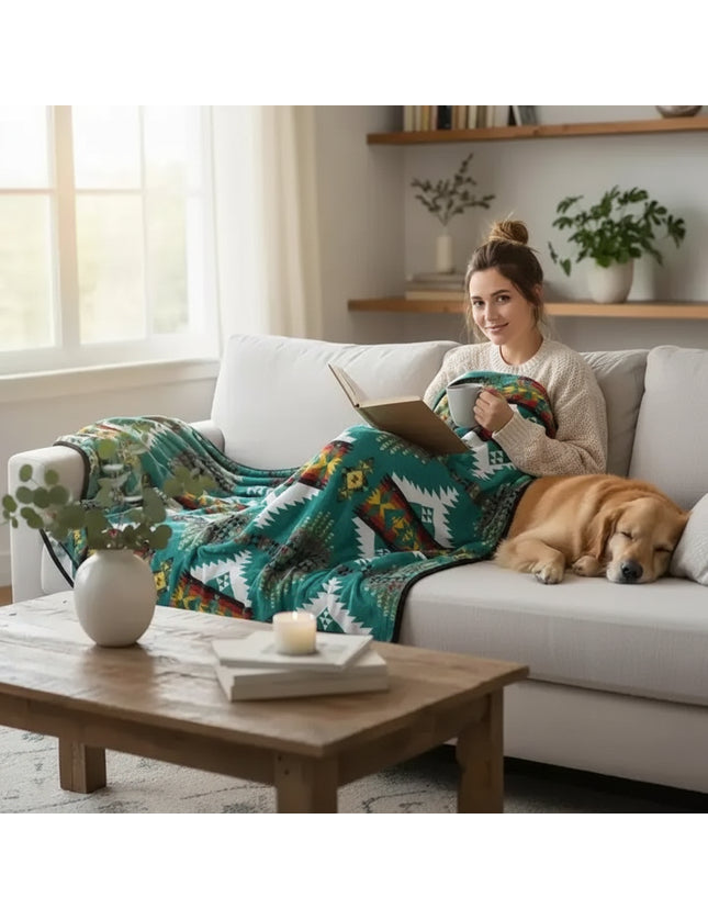 Woman on a sofa with a patterned blanket, reading a book, next to a sleeping golden retriever