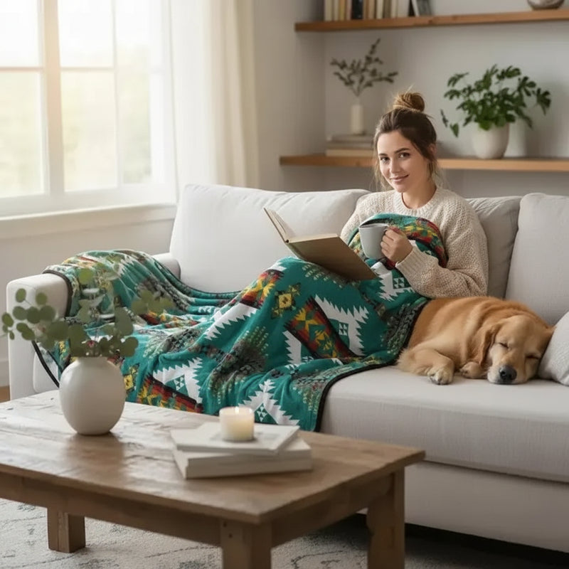 Woman on a sofa with a patterned blanket, reading a book, next to a sleeping golden retriever