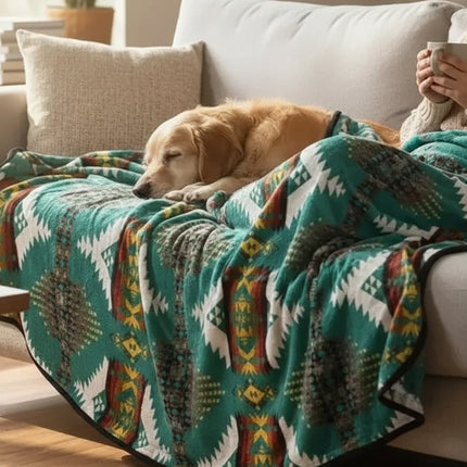 Golden retriever dog sleeping on a sofa with a person holding a mug, covered by a green patterned blanket