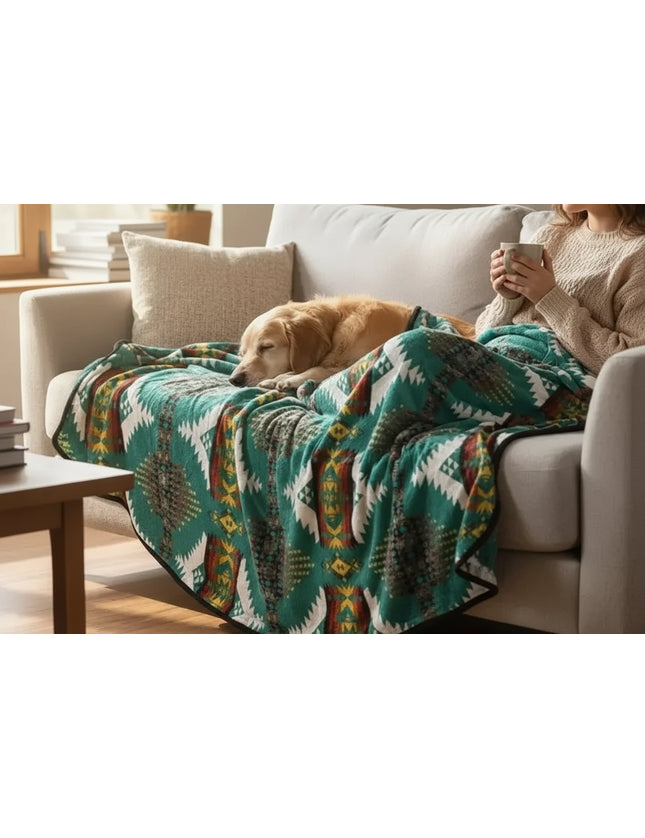 Golden retriever dog sleeping on a sofa with a person holding a mug, covered by a green patterned blanket