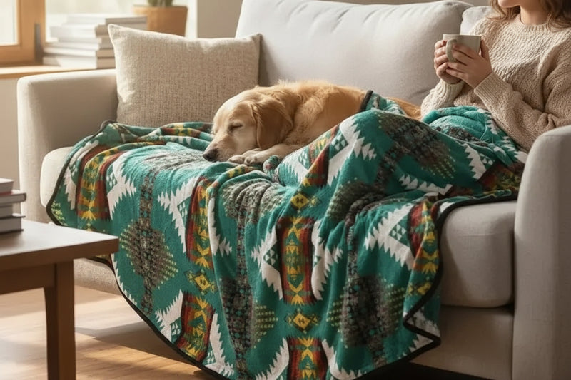 Golden retriever dog sleeping on a sofa with a person holding a mug, covered by a green patterned blanket