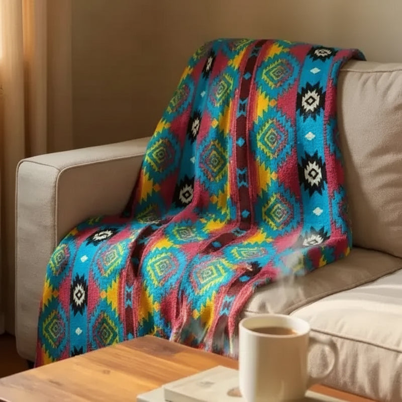 Colorful patterned blanket draped over a light-colored sofa with a mug on a wooden table