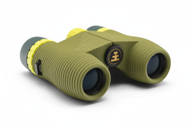 Green and yellow binoculars with a black and gold logo on a white background
