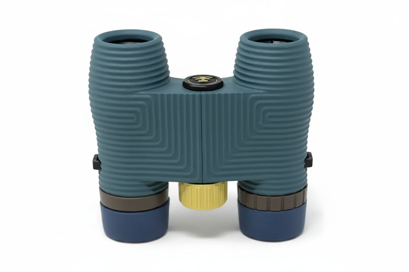 Teal binoculars with a gold focus wheel and black and gold logo