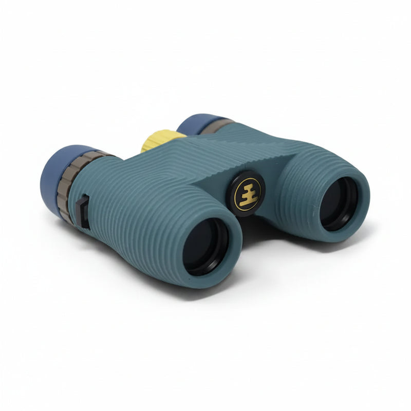 Blue binoculars with yellow focus wheel and black strap loop