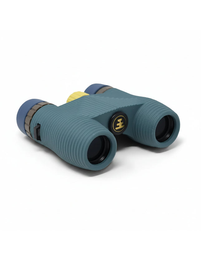 Teal binoculars with yellow focus wheel and blue accents