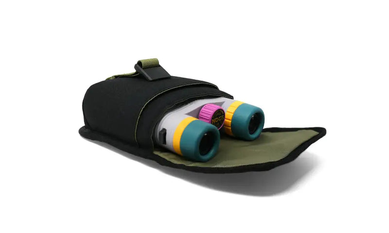Colorful binoculars in a black and olive green case