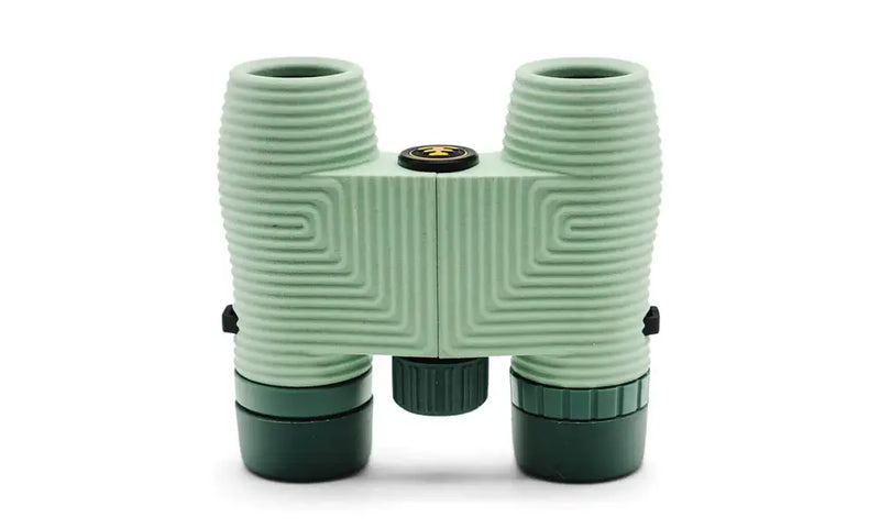 Light green binoculars with dark green accents and a gold logo on a white background