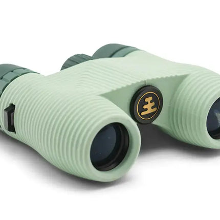 Light green binoculars with dark green accents and a gold logo
