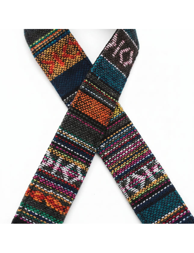 Woven fabric strap with colorful geometric patterns
