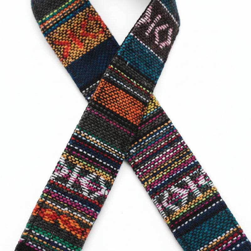 Woven fabric strap with colorful geometric patterns