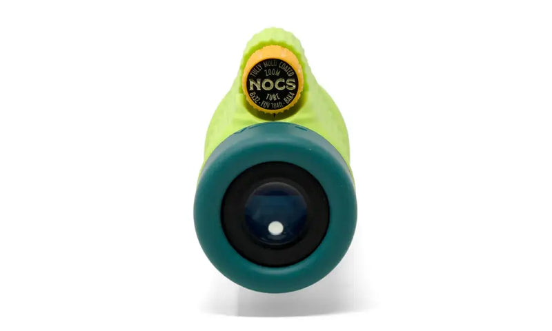 Lime green monocular with a teal lens and a yellow focus wheel with NOCS branding