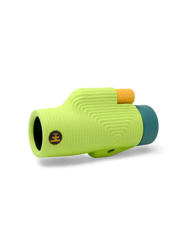Lime green monocular with an orange eyepiece and a teal lens cap