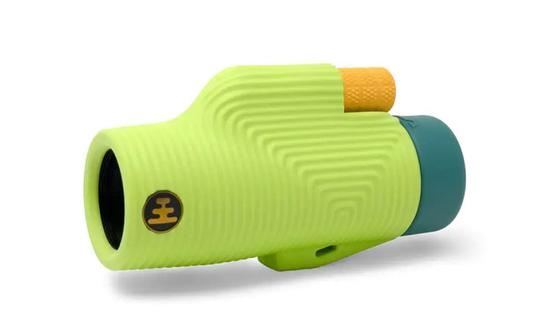 Lime green monocular with an orange eyepiece and a teal lens cap