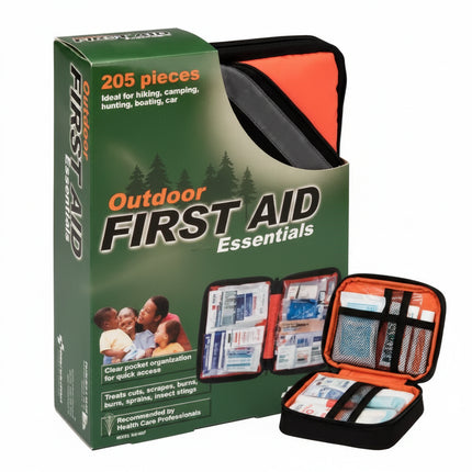 Outdoor First Aid Essentials kit box with contents displayed