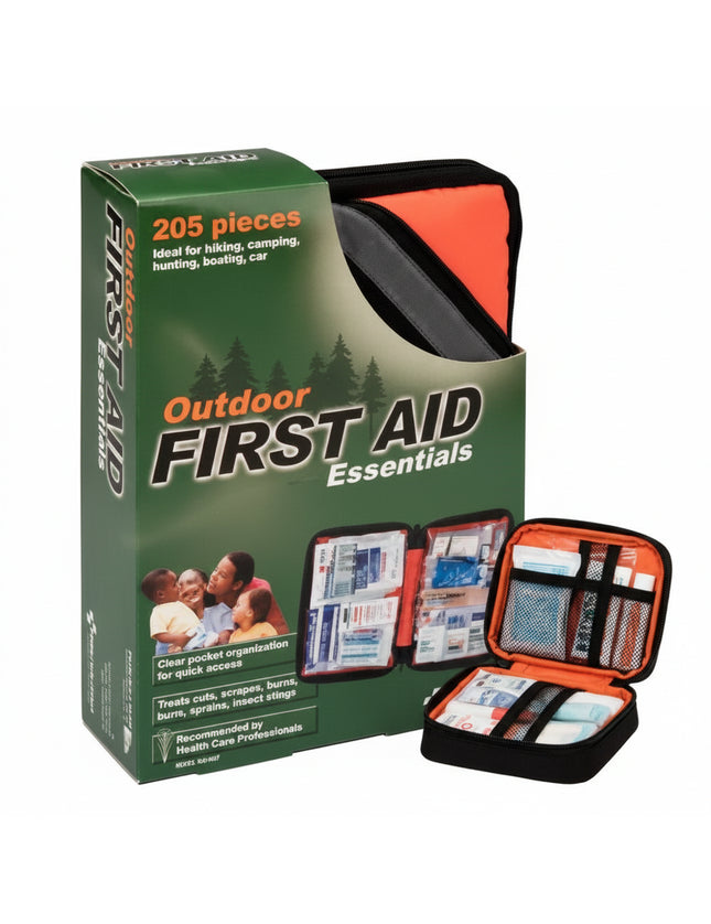 Outdoor First Aid Essentials kit box with contents displayed