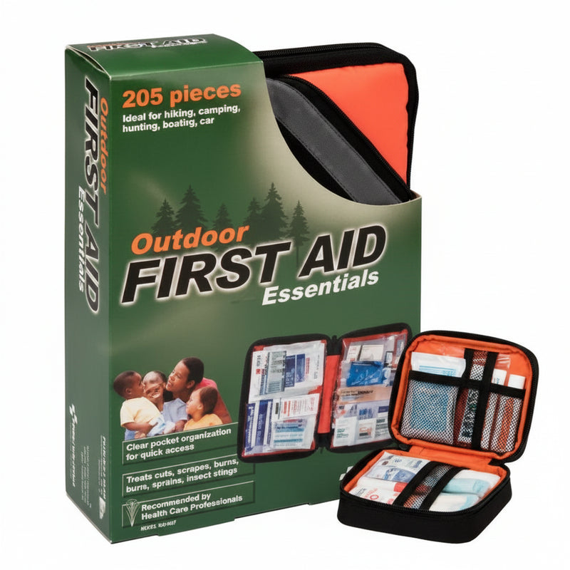 Outdoor First Aid Essentials kit box with contents displayed