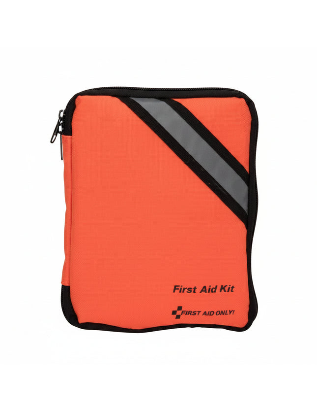 Orange first aid kit with reflective stripe and zipper closure