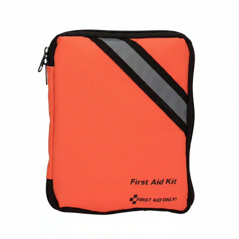 Orange first aid kit with reflective stripe and zipper closure