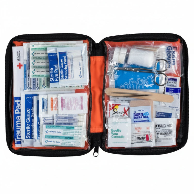 Open first aid kit with various medical supplies
