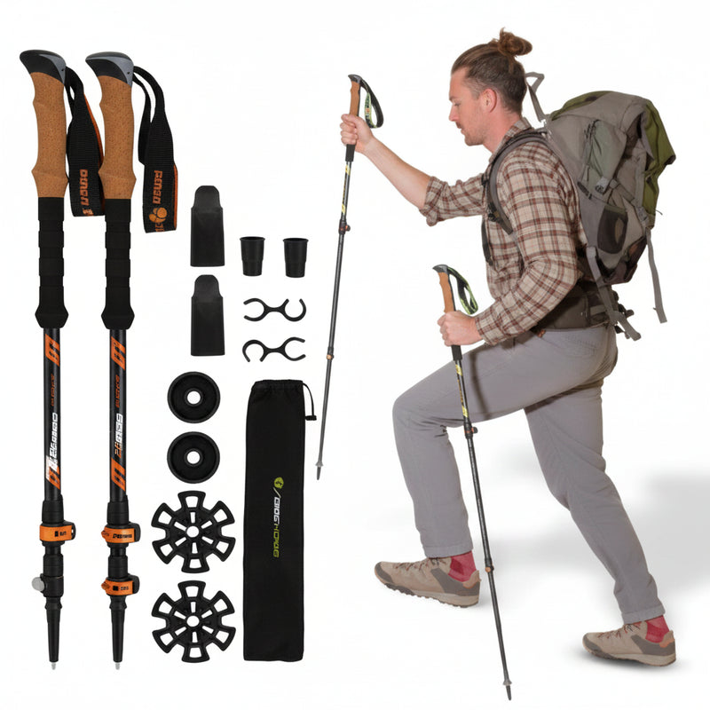 Man hiking with trekking poles and backpack, with a display of trekking pole accessories