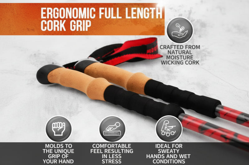 Ergonomic full length cork grip on trekking poles