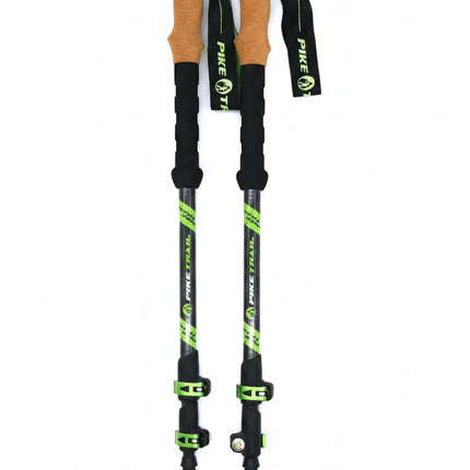 Pair of Pike Trail trekking poles with cork handles and green accents