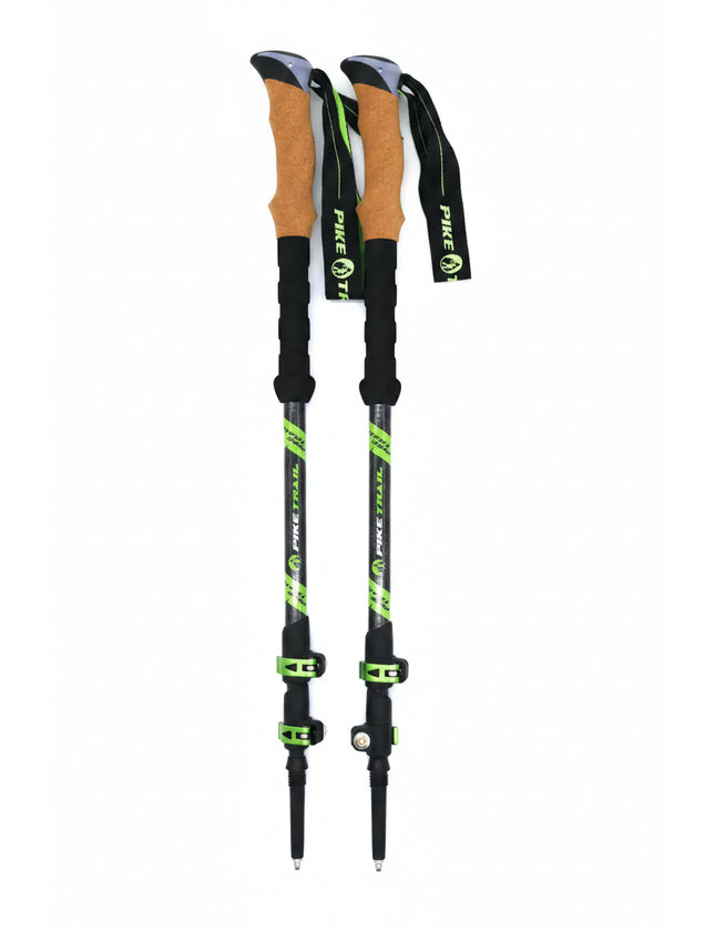 Pair of Pike Trail trekking poles with cork handles and green accents