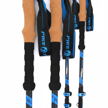 Four Pike Trail trekking poles with cork handles and blue and black straps