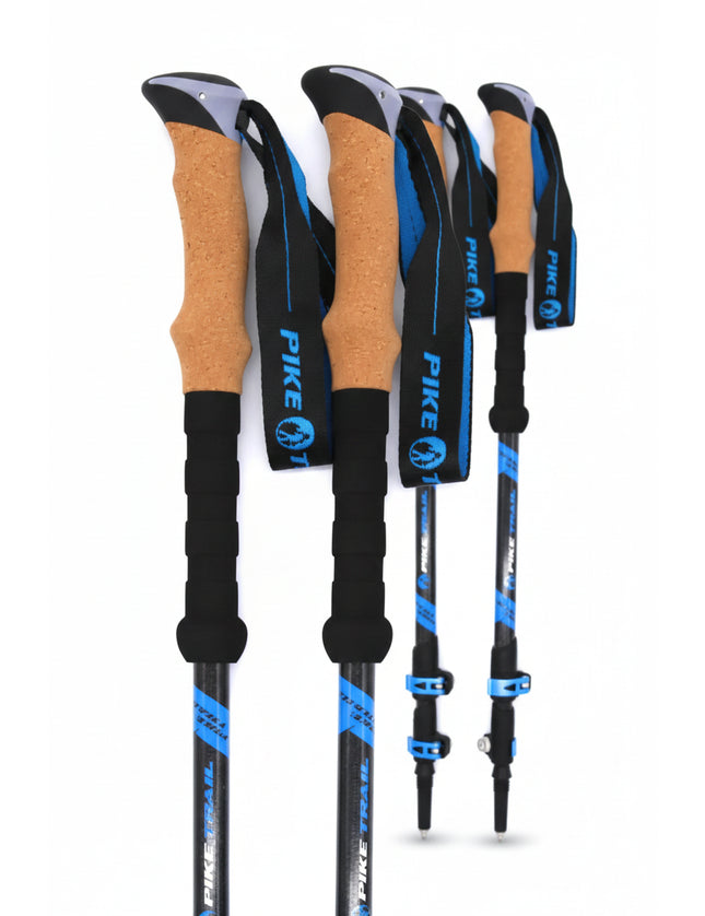 Four Pike Trail trekking poles with cork handles and blue and black straps