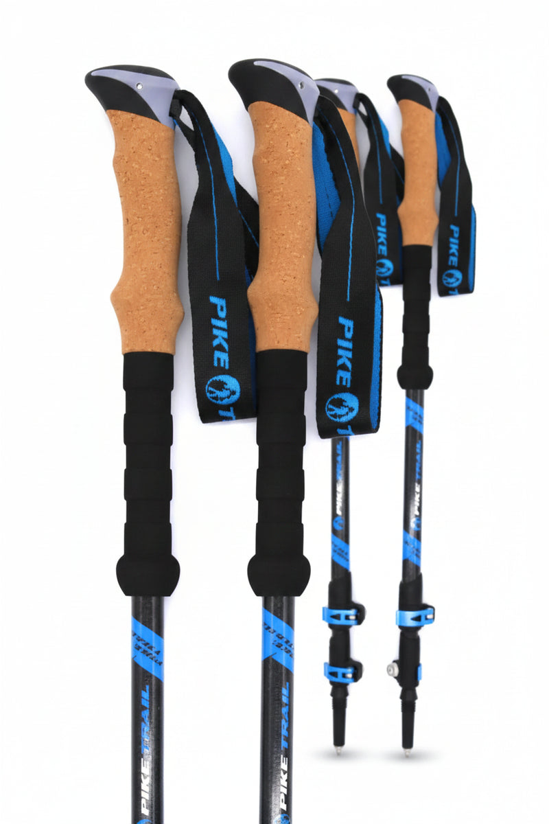 Four Pike Trail trekking poles with cork handles and blue and black straps