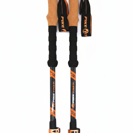 Pair of Pike Trail trekking poles with cork grips and orange accents