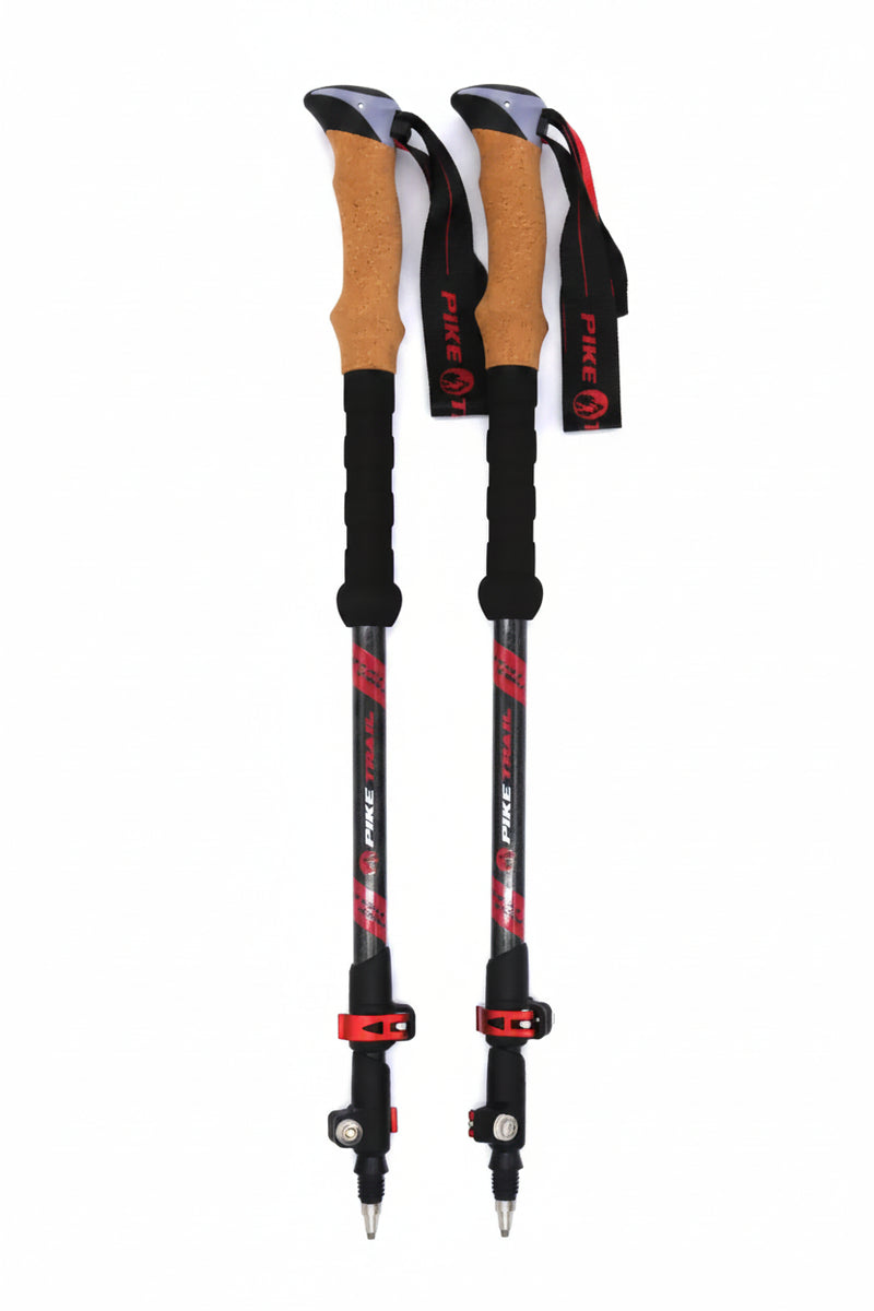 Pair of Pike Trail trekking poles with cork grips and red accents