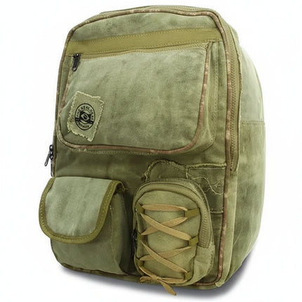 Green canvas backpack with multiple pockets and a circular logo patch