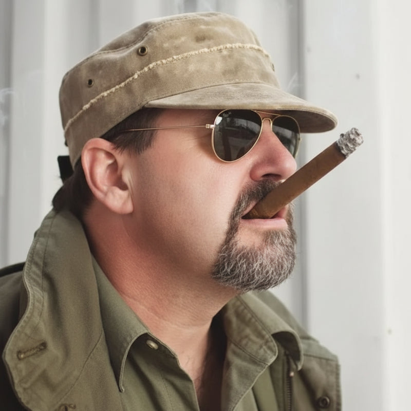 Man in a cap and sunglasses smoking a cigar