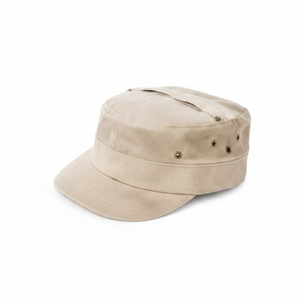 Tan military style cap with a flat top and a short brim, featuring ventilation eyelets on the sides