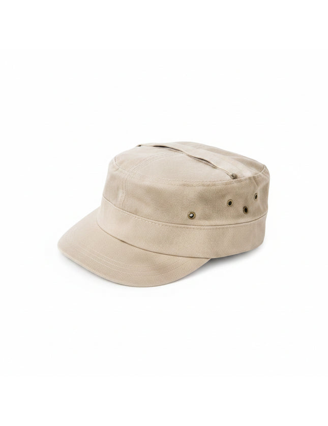 Tan military style cap with a flat top and a short brim, featuring ventilation eyelets on the sides