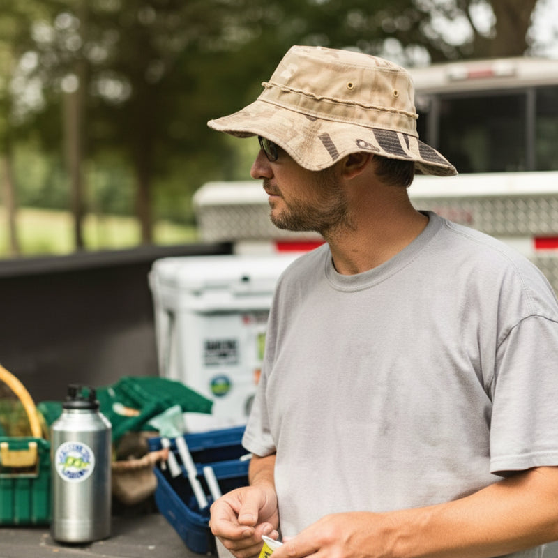 Man wearing a camouflage boonie hat and sunglasses, standing outdoors with a water bottle and cooler in background
