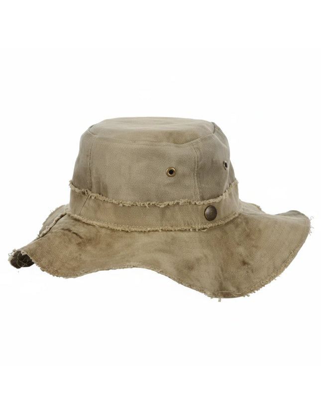 Distressed khaki boonie hat with a wide brim and metal eyelets