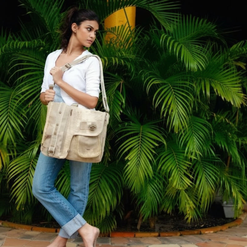 Woman in white shirt and jeans carrying a beige canvas shoulder bag, standing in front of palm leaves