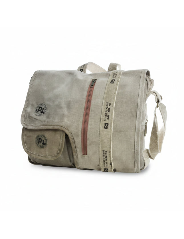 Light grey messenger bag with a front flap, side pocket, and a brown vertical stripe on the front