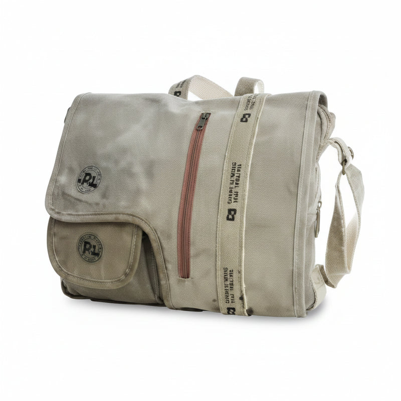 Light grey messenger bag with a front flap, side pocket, and a brown vertical stripe on the front