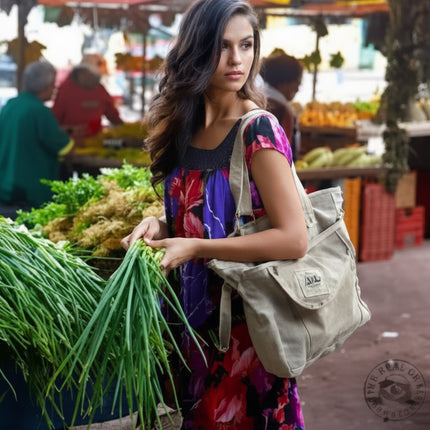Woman in a colorful dress holding green onions at an outdoor market
