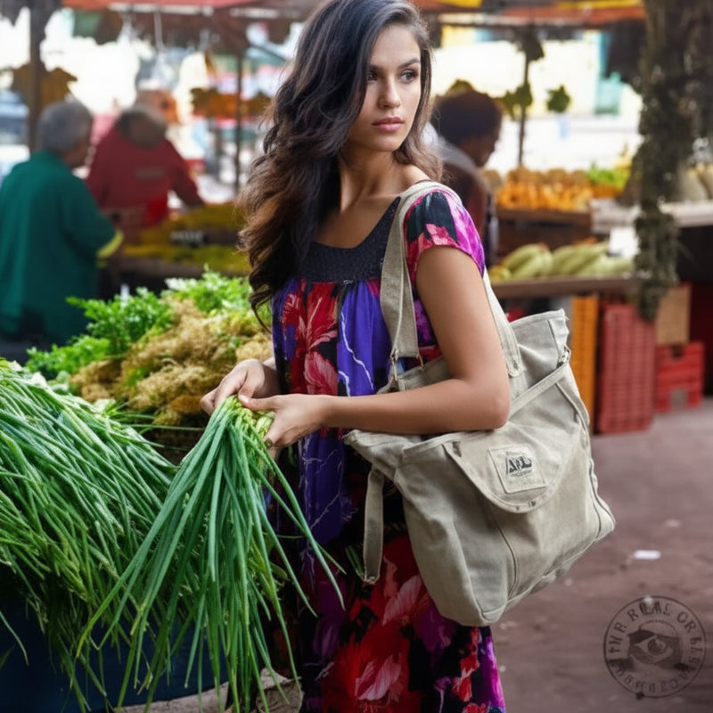 Woman in a colorful dress holding green onions at an outdoor market