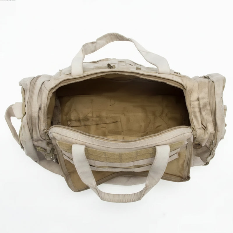 Open beige duffel bag with a brown interior