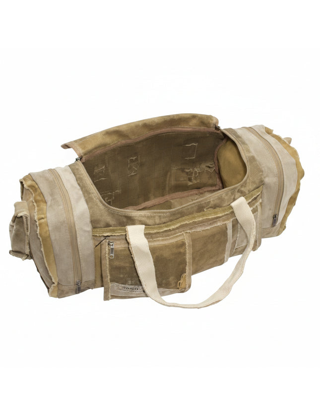 Open canvas duffel bag with multiple pockets and handles
