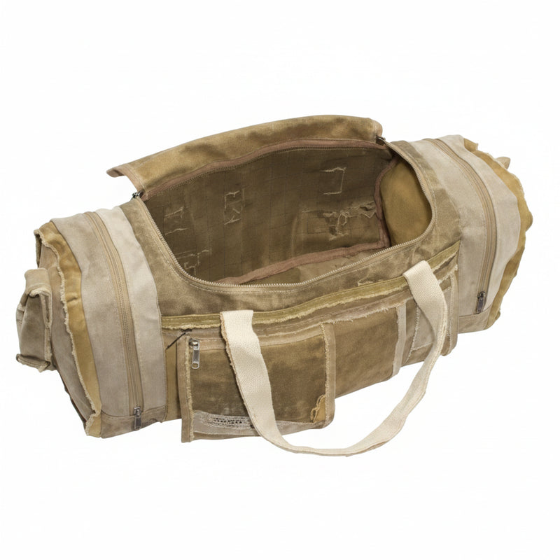 Open canvas duffel bag with multiple pockets and handles
