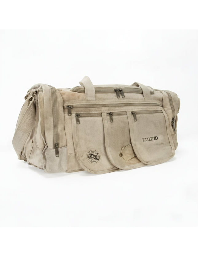 Beige duffel bag with multiple zippered pockets and a small logo on the front