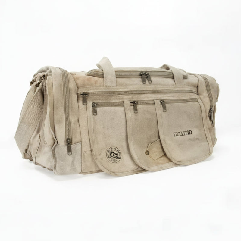 Beige duffel bag with multiple zippered pockets and a small logo on the front