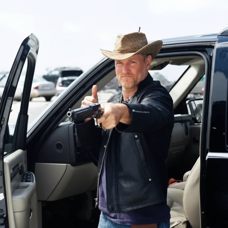 Man in cowboy hat and leather jacket holding a handgun, standing by an open car door